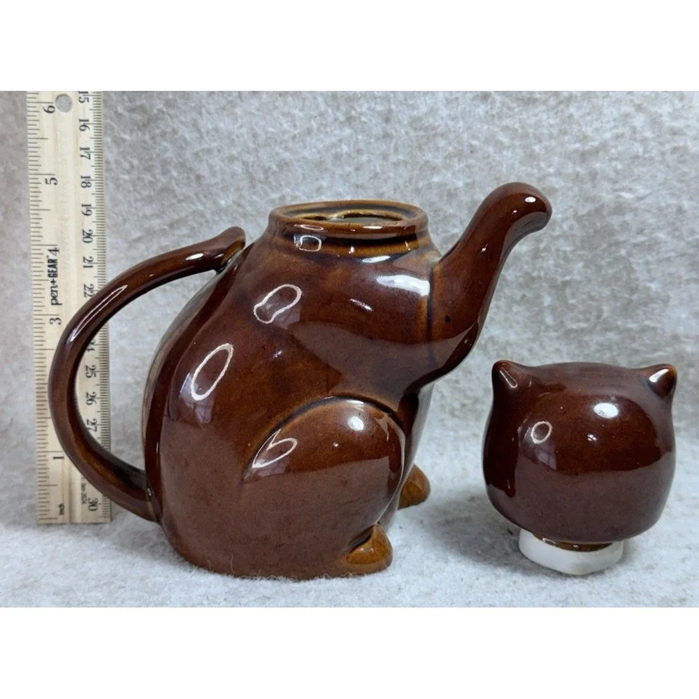 Vintage Brown Cat Chinese Ceramic‎ Tea Pot Glossy Glaze
